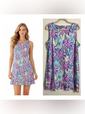 Anthony's Resort Wear Large Bright Tropical Print Sleeveless Ruffled UPF50 Dress
